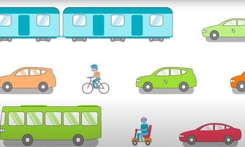 illustration of mobility options including evs, bikes, train, cars, and a scooter